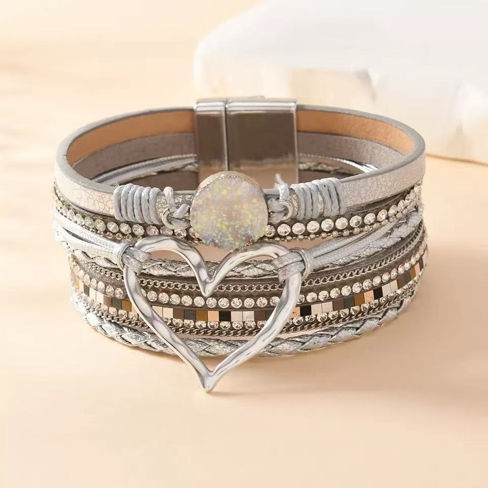 Women's Bohemian Style Gravel Woven Heart Magnetic Niche Bracelet