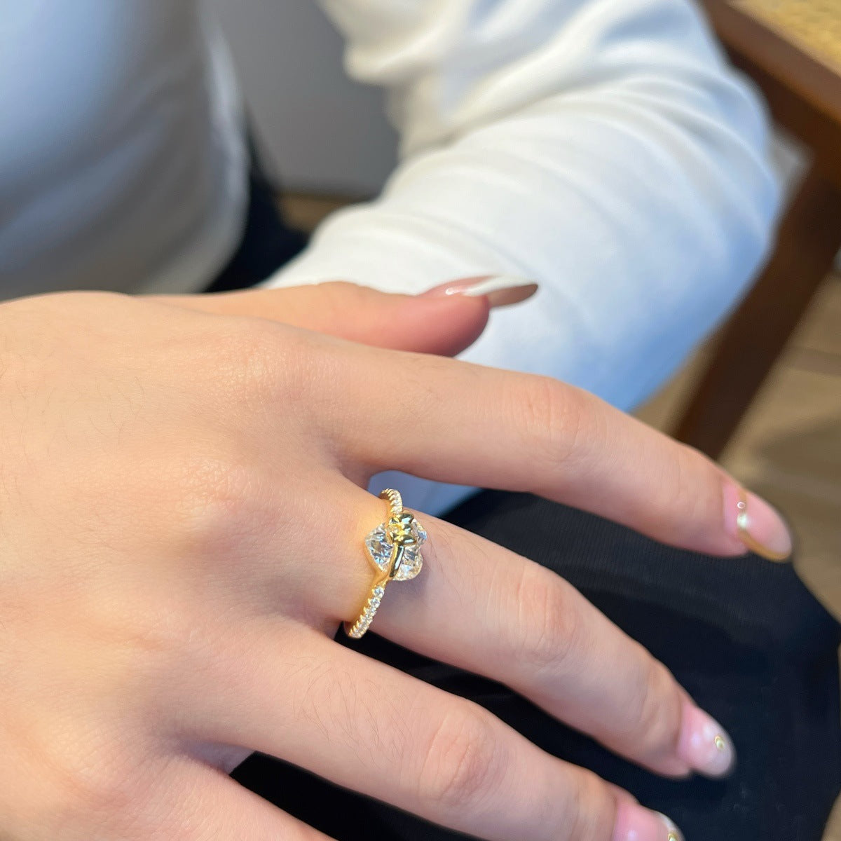 Women's Sterling Sier Zircon Bow Gold Christmas Gift Ring
