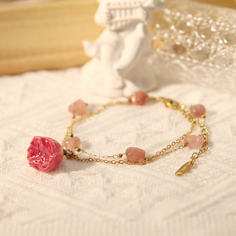 French Retro Preserved Fresh Flower Rose Pearl Design Double Layer Bracelet