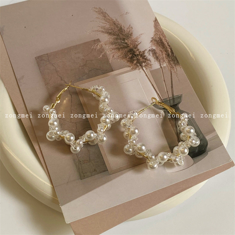 Women's French Style High-grade Crystal Woven Pearl Gentle Light Earrings