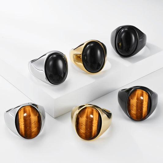 Simple Glossy Titanium Steel Mosaic Oval Tigereye Niche High Sense Rings