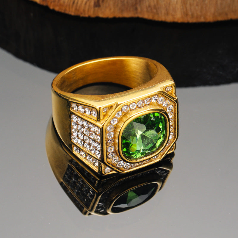 Men's Fashion Hip Hop Light Luxury Inlaid Round Zircon Titanium Steel Ring