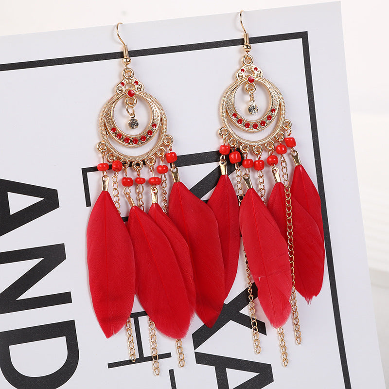 Women's Water Drop Ethnic Feather National Style Earrings