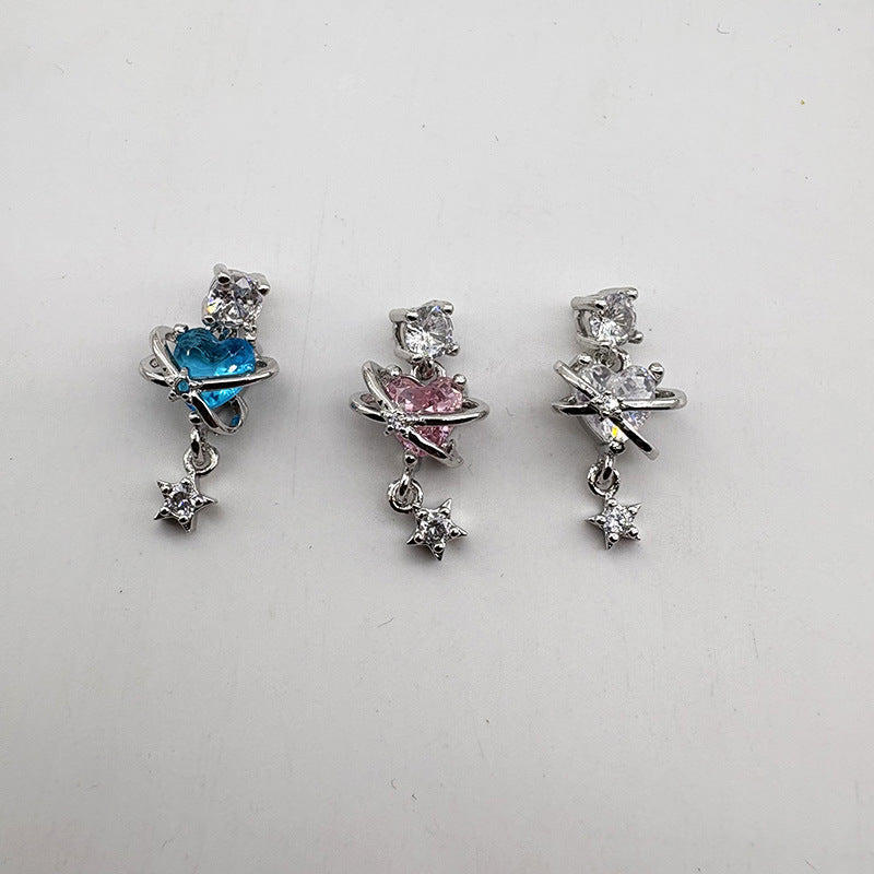 Titanium Alloy Planet Loving Heart Zircon Eardrops Ear Bone Earrings