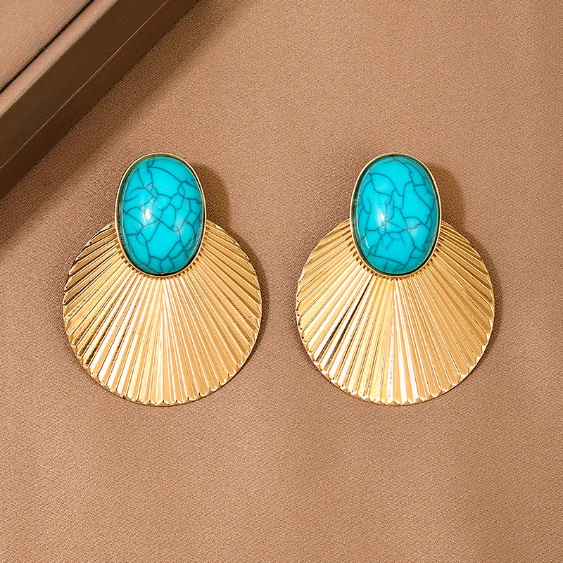 Women's Pair Fashion Design Turquoise Metal Diameter Big Round Slice Dance Earrings