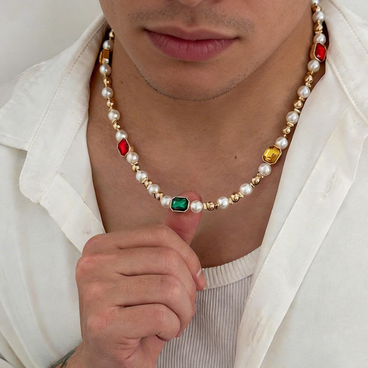 Men's Rhinestone Pearl Stitching Hip Hop High Necklace