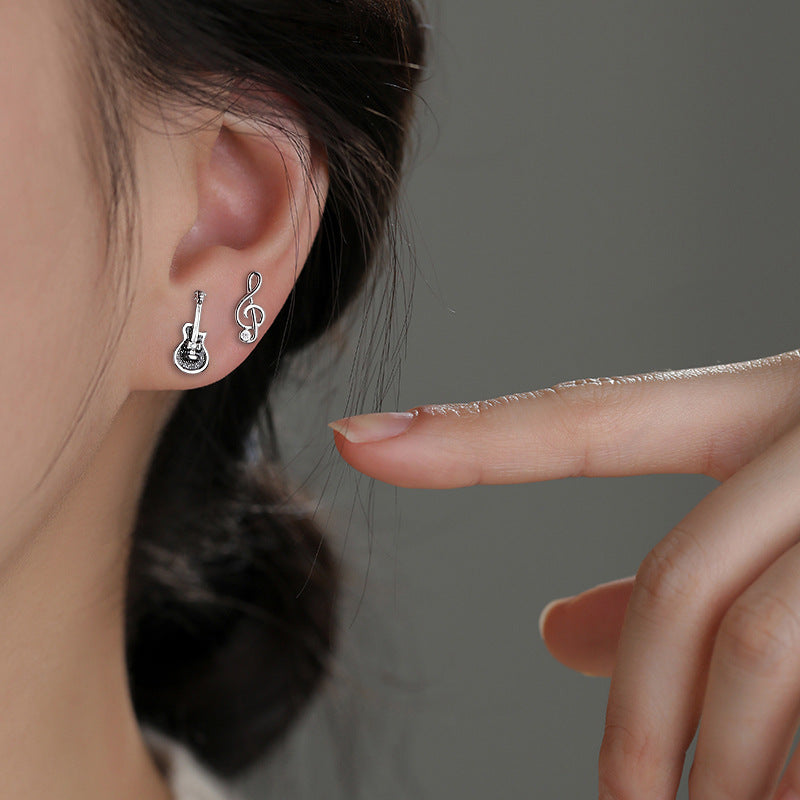 Women's Small Single Diamond Asymmetric Violin Musical Stud Earrings