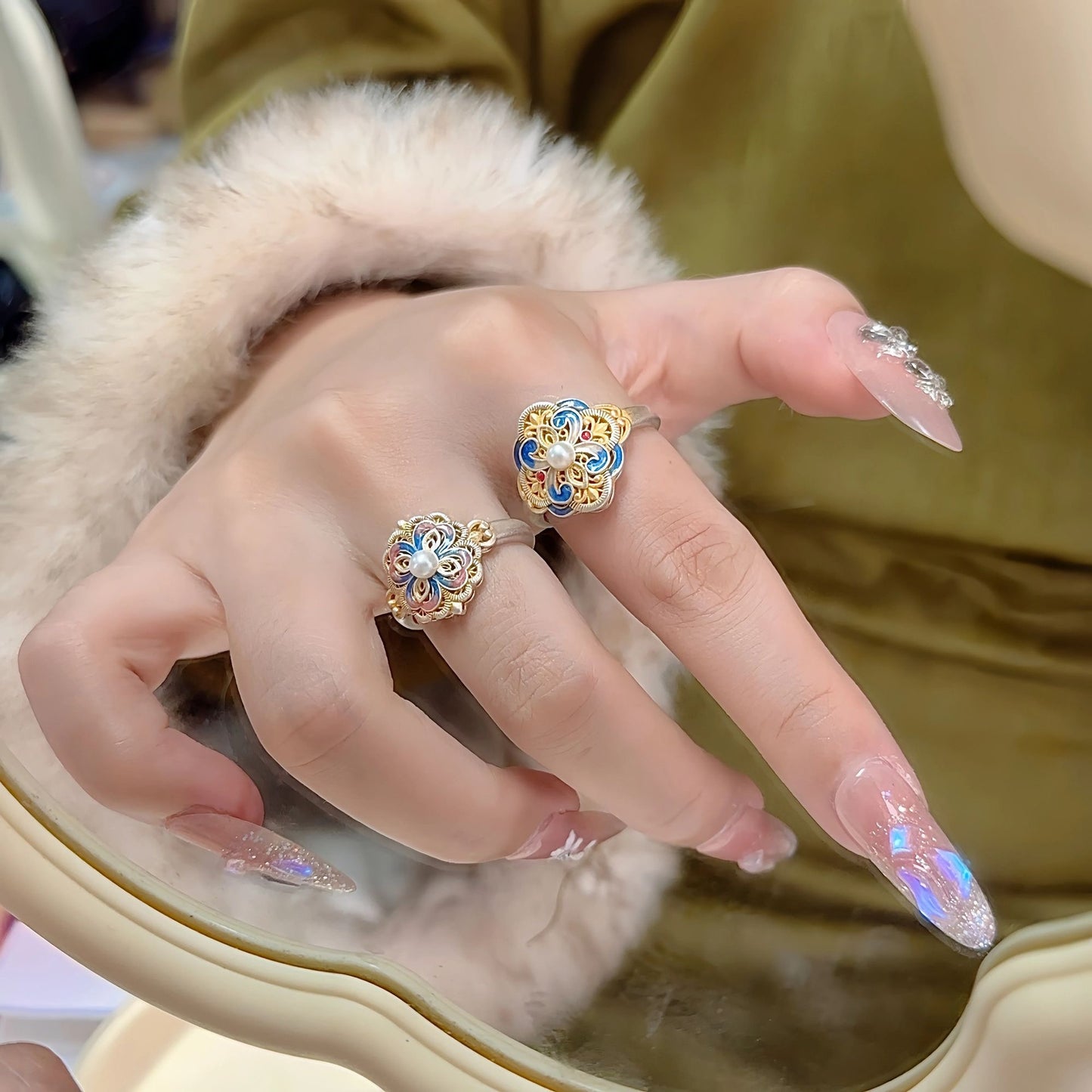 Female National Style Chinese Enamel Color Court Open Rings