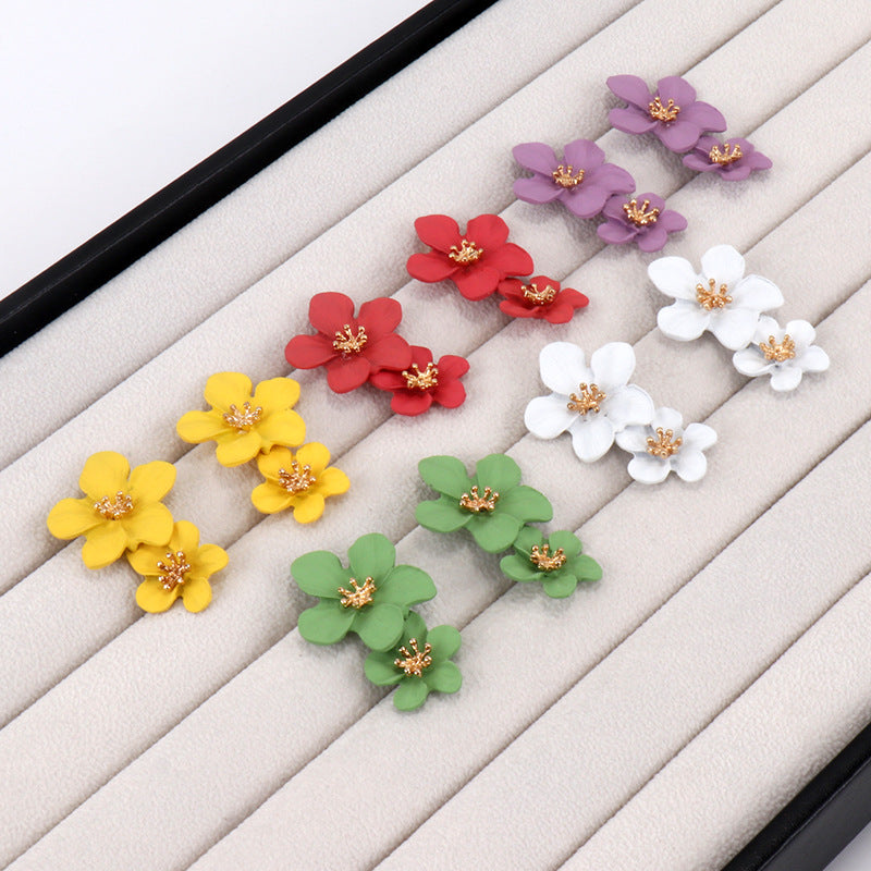 Fashion Personality Trend Multicolor Double Layer Flower Earrings