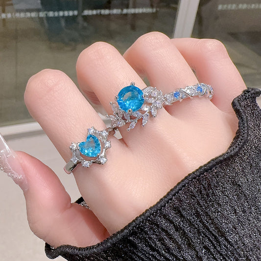 Women's Aquamarine Open-end Zircon Twin High-grade Niche Rings