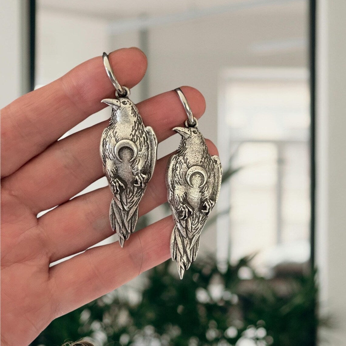 Men's Viking Crow Sier Nordic Gift Pagan Crescent Moon Earrings
