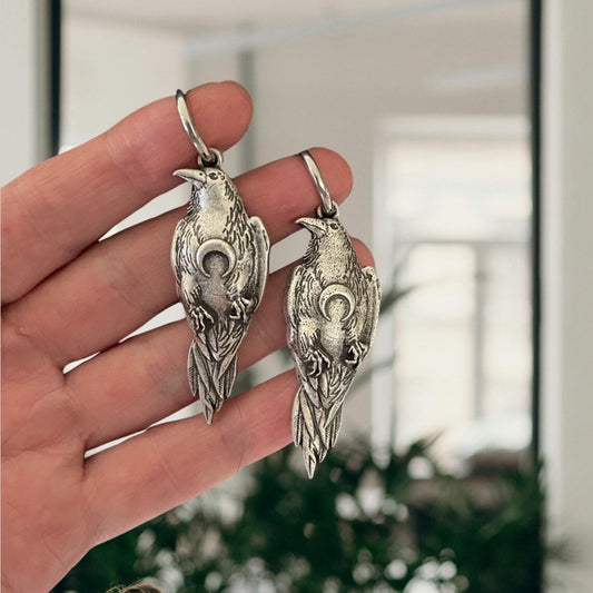 Men's Viking Crow Sier Nordic Gift Pagan Crescent Moon Earrings
