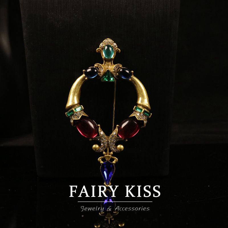 Elegant Retro Truncheon Brooch Colored Glaze Inlaid Refined Grace Jewelry Set