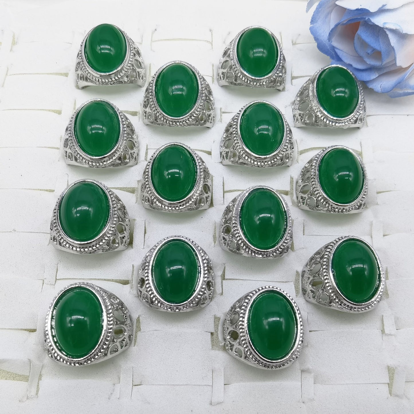 Men's Imitation Gold Green Agate Gemstone Live Streaming Welfare Rings