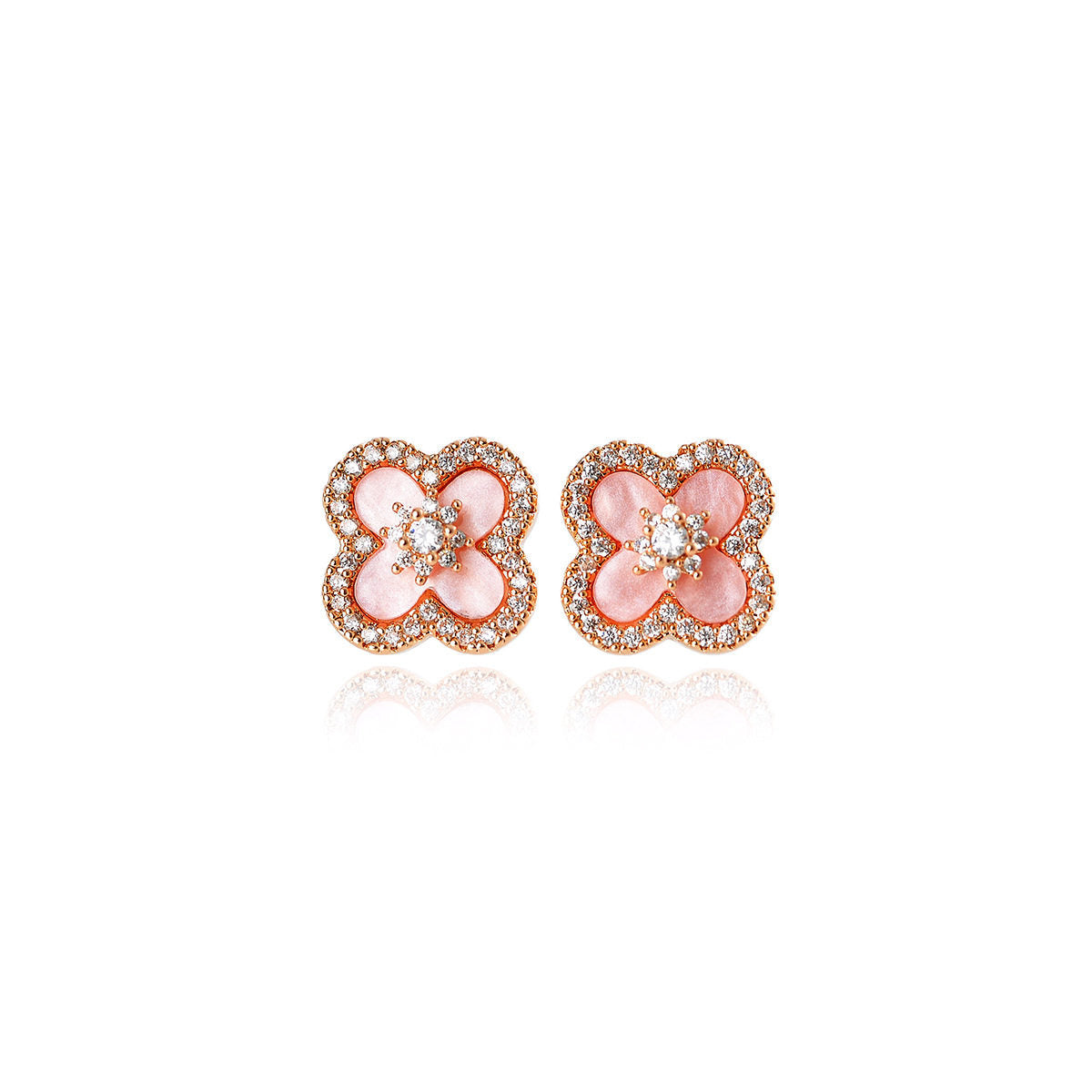 Women's Inlaid Zircon Lucky Four-leaf Flower Pink Imitation Fritillary Sier Light Stud Earrings