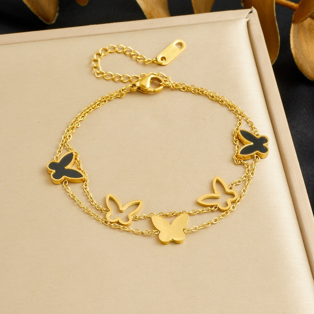 Women's Pierced Black Butterfly Chain Stainless Steel Gold-plated Bracelet
