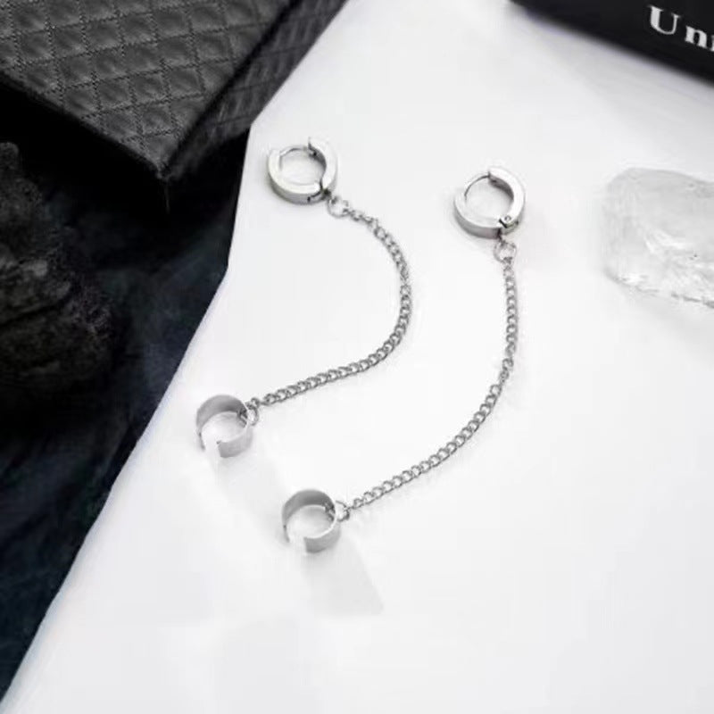 Women's Cold Style Titanium Steel Chain Ear Clip Long Stud Earrings
