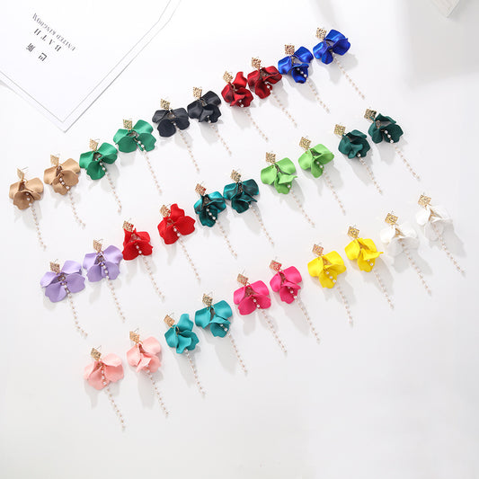 Style Red Blue Colorful Petals Pearl Long Trend Earrings
