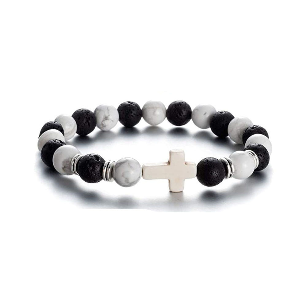 Energy Natural Stone White-barked Pine Blue Crystal Metal Cross Bracelets