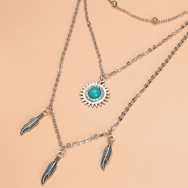 Retro Turquoise Spot Drill Alloy Feather Necklaces