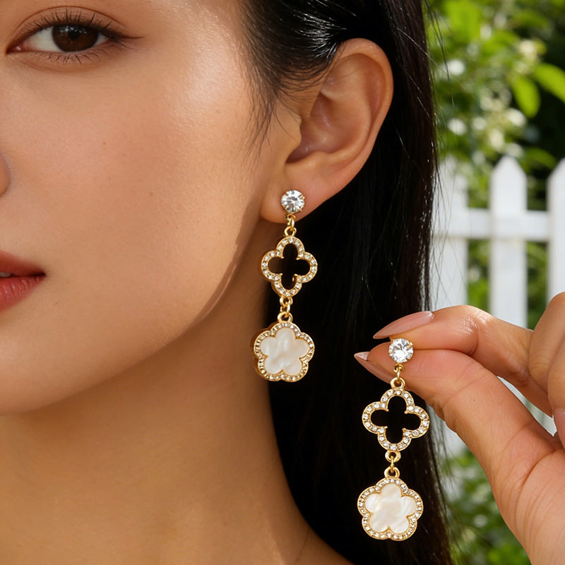 Luxury Four-leaf Clover Rhinestone Female Pink Zircon High Rings