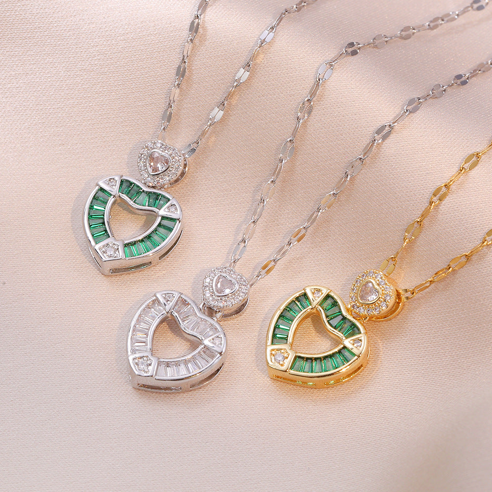 Female Niche Design Love Emerald Rhinestone Trendy Titanium Necklaces