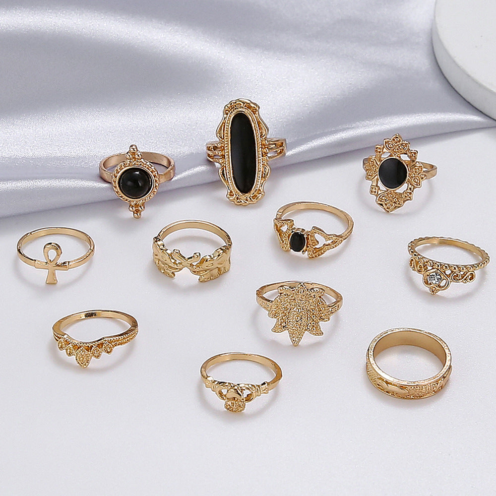 Personality Black Onyx Elephant Lotus Crown Rings