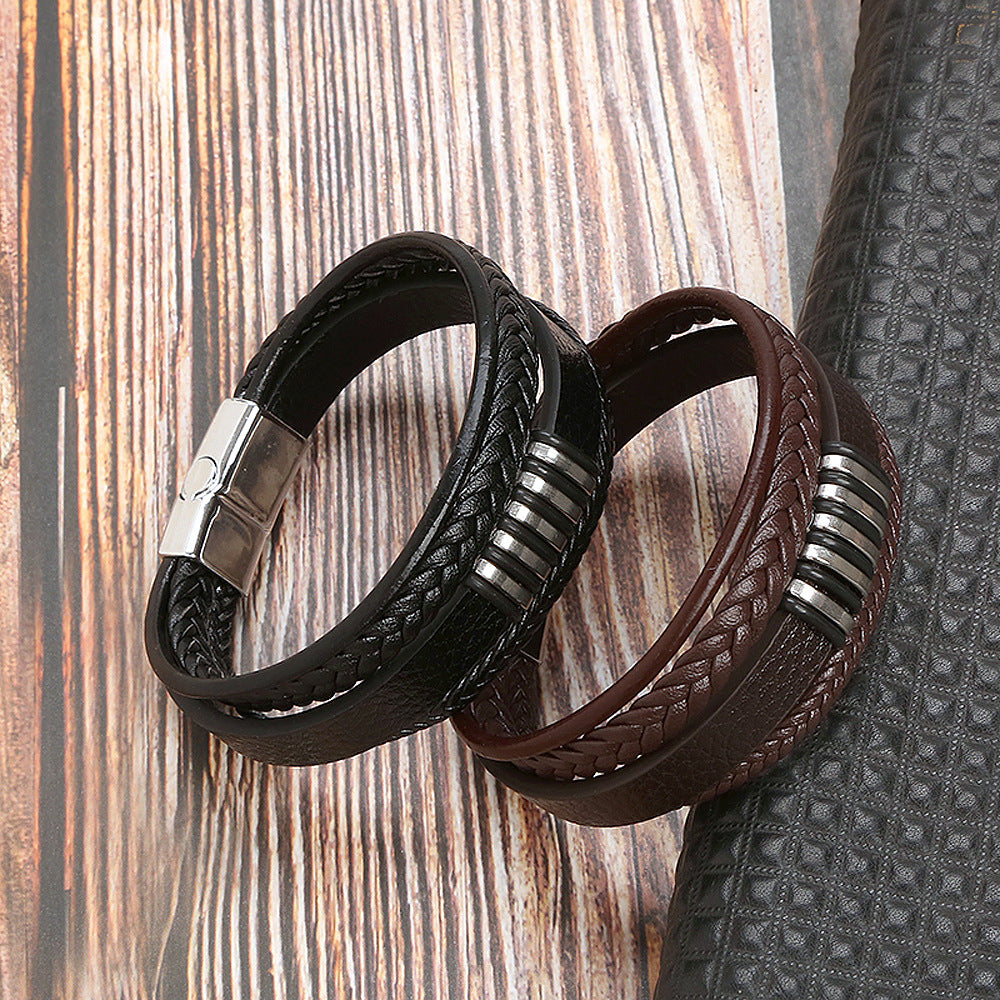 Women's & Men's Leather Titanium Steel Woven Bracelets