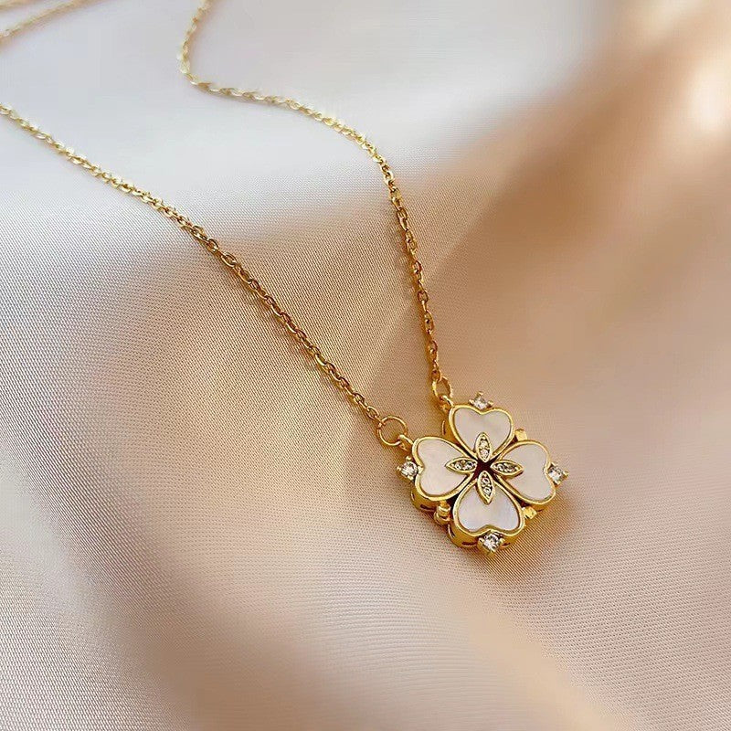 Women's Steel Cross Chain Open Close Four-leaf Flower Necklace