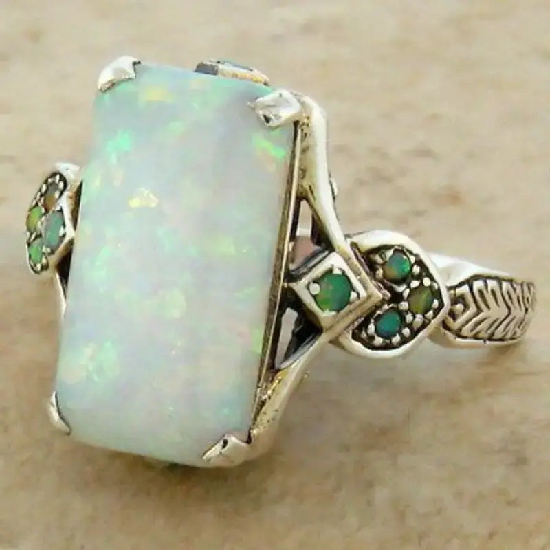 Square White Opal Ancient Sier Bride Lady Wedding Rings