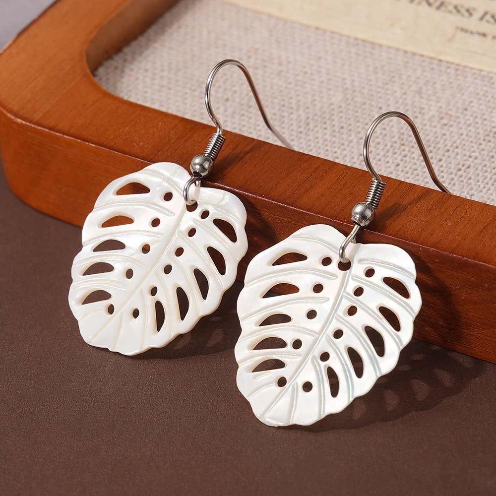 Summer Seaside White Shell Scallop Simple Hollow Monstera Earrings