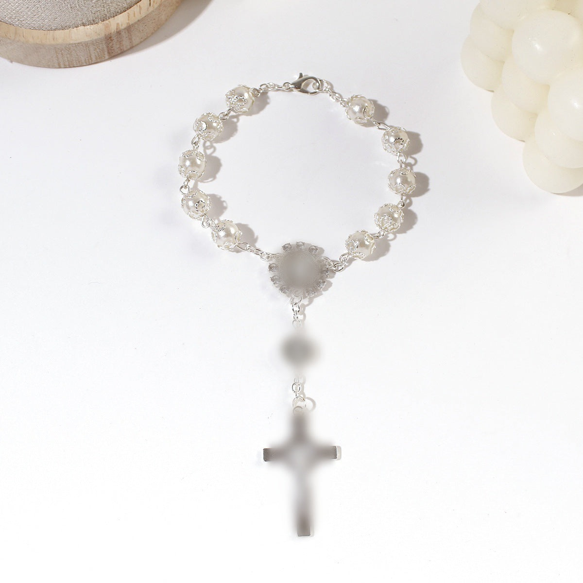 Gold Sier Color Lace Artificial Glass Pearl Baptism Cross Beaded Bracelets