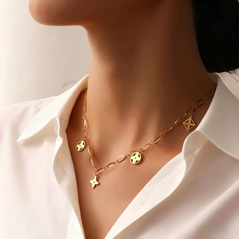 Titanium Steel Golden Hollow Four-leaf Clover Necklaces
