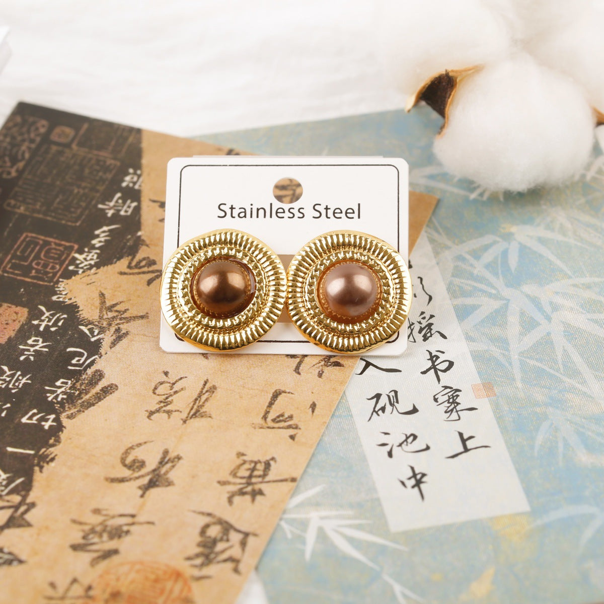 Stainless Steel Natural Stone Sunflower Cat's Earrings