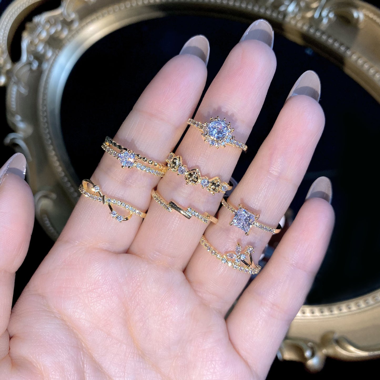 Gold Electroplated Geometric Female Opening Zircon Rings