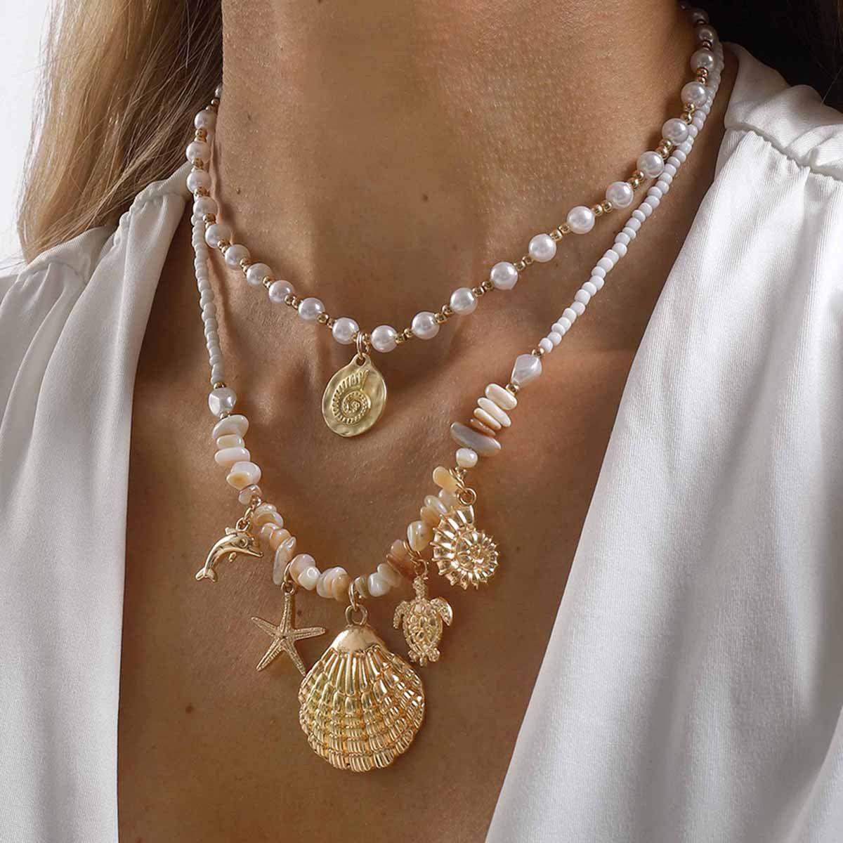 Shell Beach Vacation Style Beaded Gravel Twin Necklaces
