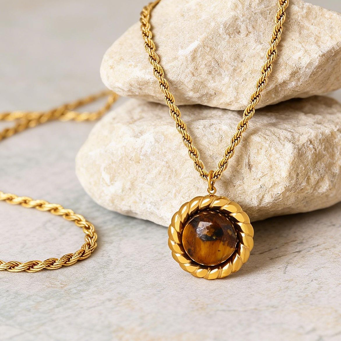 Women's Natural Tigereye Hemp Flowers Chain Stainless Steel Gold-plated Fashion Clavicle Necklaces