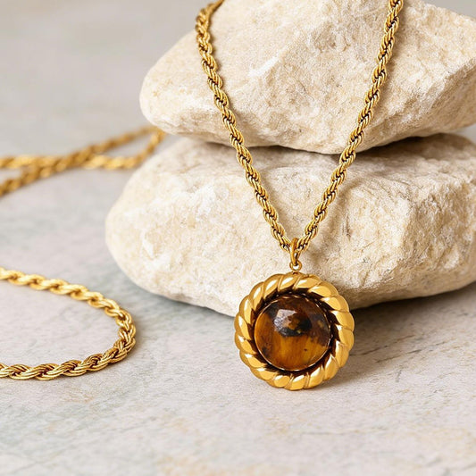 Women's Natural Tigereye Hemp Flowers Chain Stainless Steel Gold-plated Fashion Clavicle Necklaces