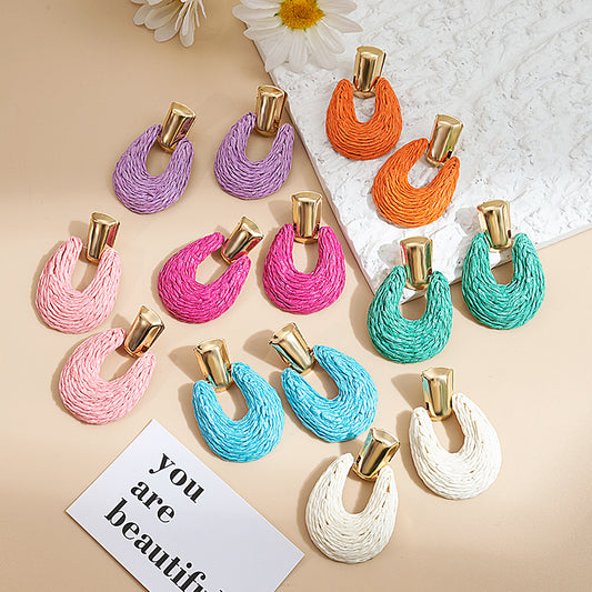 Colorful Raffia Geometric Hollow Circle Solid Color Earrings
