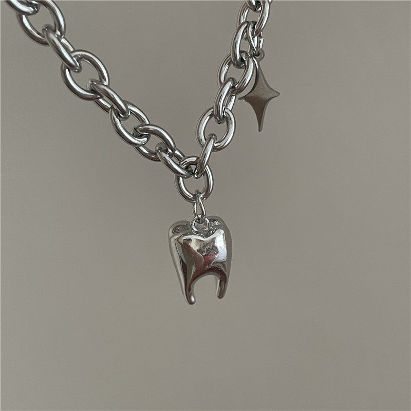 Hop Stainless Steel Titanium Thick Chain Fun Teeth Shape Necklace