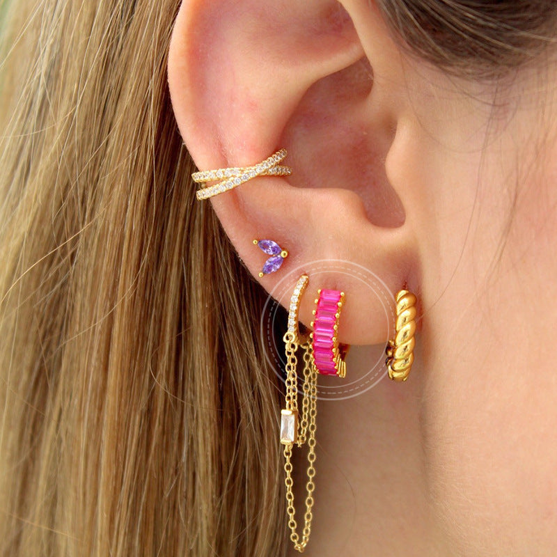 Square Zircon Circle Ear Clip Female Simple Elegant Earrings