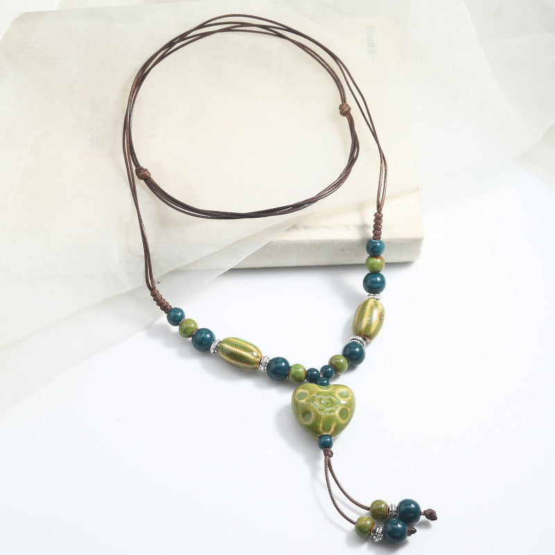 Women's Ethnic Style Love Sweater Chain Long Hand-woven Adjustable Peach Heart Necklace