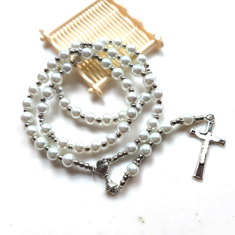 Glass Pearl Handmade Beaded Cross Long Necklaces
