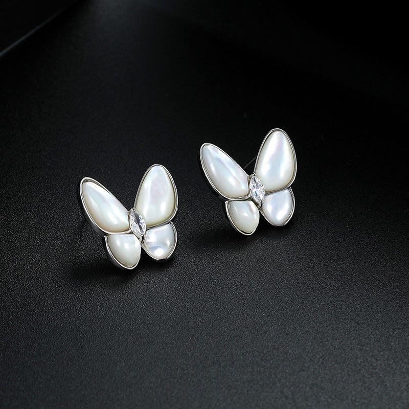 Sier Needle Fashion Shell Butterfly Ear Clip White Earrings