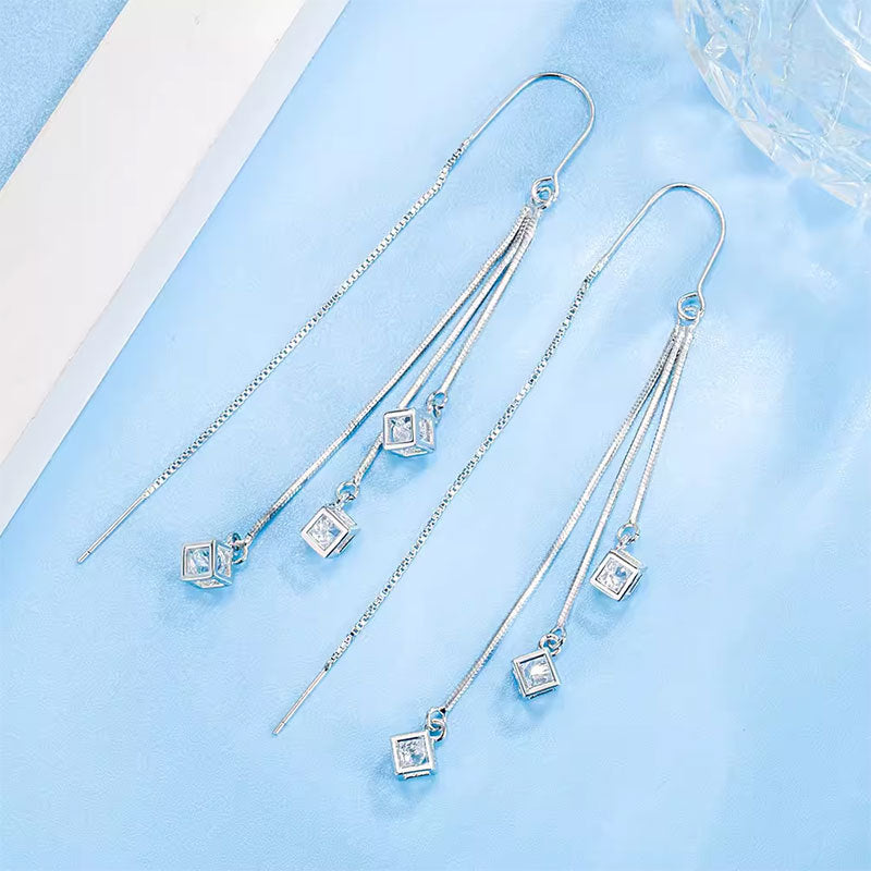 Cube Hook High-grade Zircon Square Tassel Simple Eardrops Ear Line