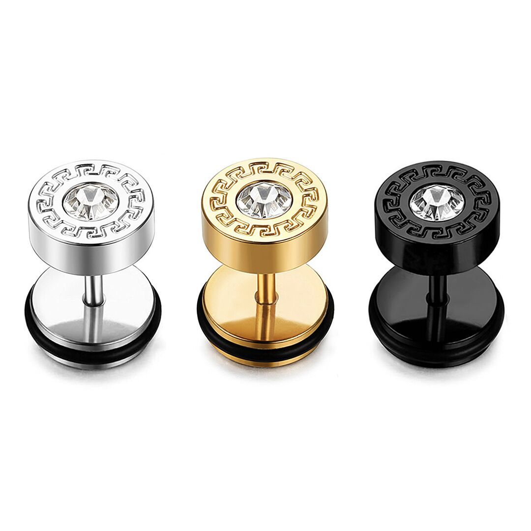 Vintage Disc Great Wall Pattern Diamond Round Titanium Steel Ear Stud Earrings
