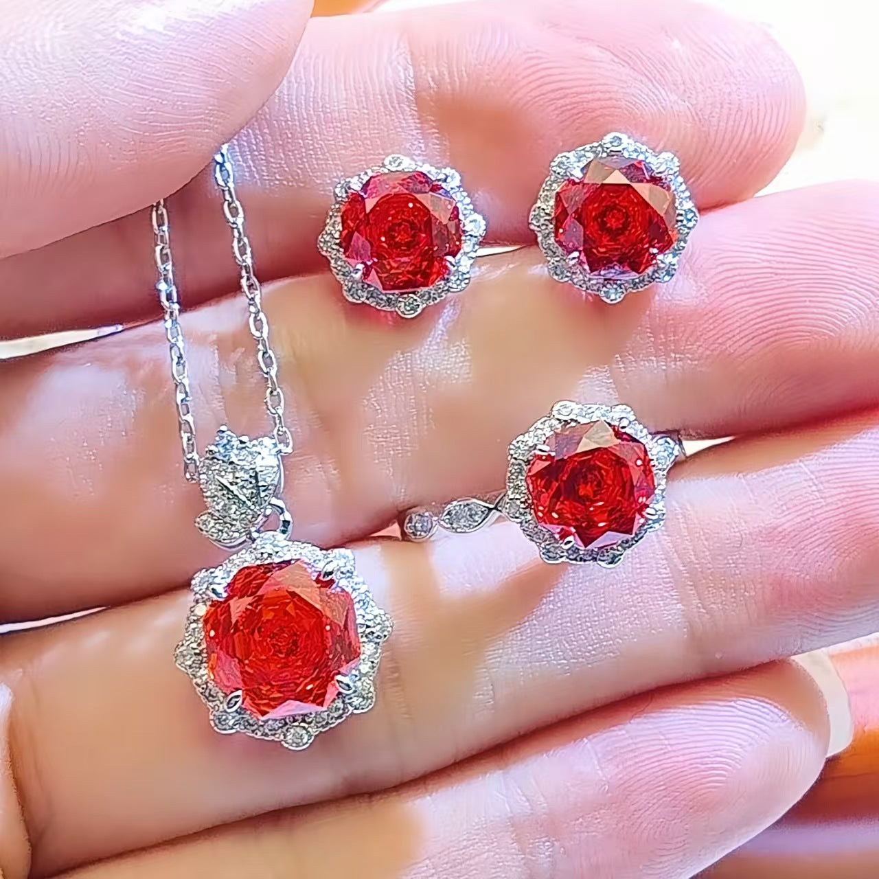Women's Carbon Rhinestone Ear Colored Gems Three Rings