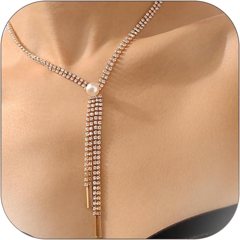 Delicate Pearl Trendy Long Fringe Rhinestone Clavicle Necklace