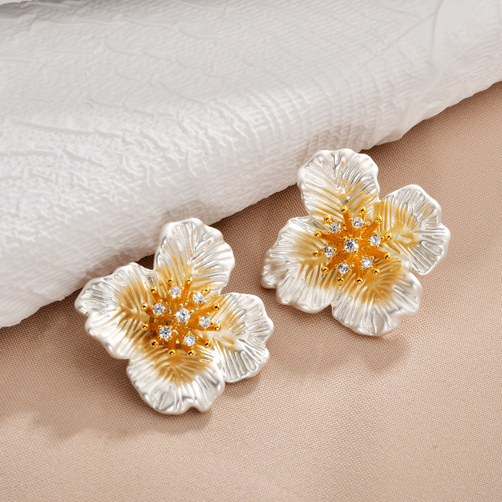 Sier Contrast Color Flower Artistic Style High Stud Earrings