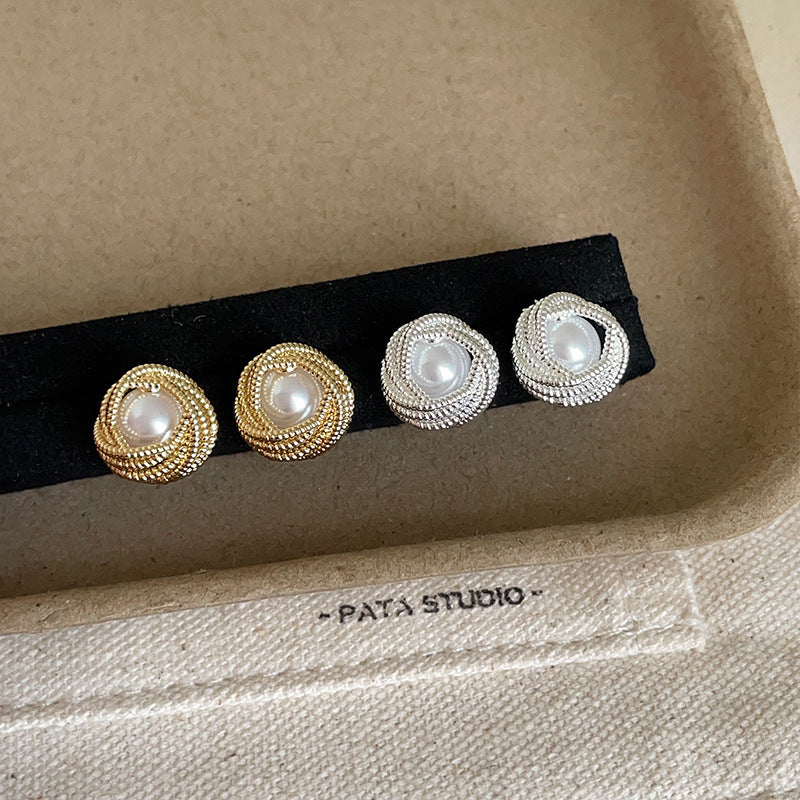 Women's French Winding Lace Rose Pearl Light Luxury High-grade Stud Earrings